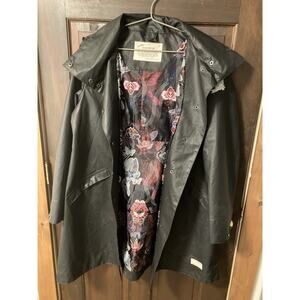 Odd Molly Size 2 Black Vinyl Raincoat Jacket Butterfly Lining Good Condition